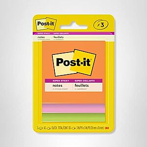 $1.89* | 3-Pk 3"x3" Post it Super Sticky Notes (Energy Boost Collection) at Amazon