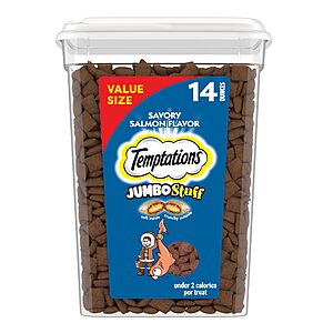 $6.30 S*S AMAZON Temptations Jumbo Stuffed Cat Treats, Crunchy and Soft Cat Treats, Savory Salmon Flavor, 14 oz. Tub
