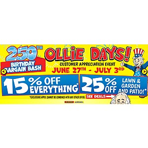 Ollie's Birthday Bargain Bash, 15% off everything, 25% off Lawn, Garden and Patio for Ollie's Army members, Jun 27 - Jul 3