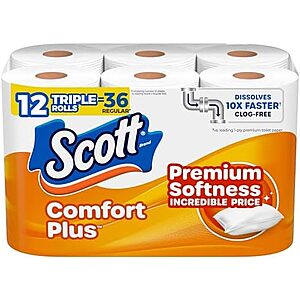 [SnS, AC] $16.58 | 4 × 3-Pack 12-Count Scott ComfortPlus 1-Ply Double Toilet Paper Rolls ($4.15 each) at Amazon