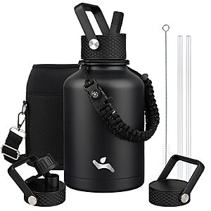 $16.39: Konokyo Insulated Water Bottle with Straw, 50 oz, 3 Lids, Double Wall Vacuum Stainless Steel Flask, Black