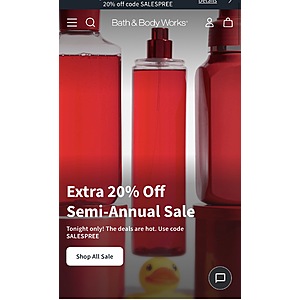 Bath and Body Works: Extra 20% off semi annual sale TONIGHT ONLY