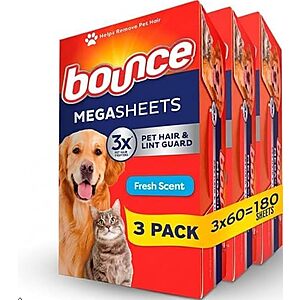 [SnS, AC] $27.62 | 4 × 180-Count Bounce Pet Hair and Lint Guard Mega Fabric Softener Dryer Sheets (Fresh) ($6.90 each) at Amazon