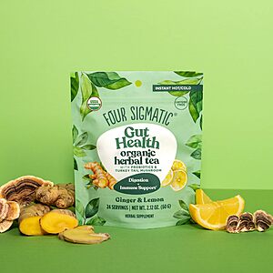 24 Serving Four Sigmatic Gut Health Organic Herbal Tea (Lemon Ginger Tea w/ Probiotics & Turkey Tail Mushroom ) $4.27 w/ S&S + Free Shipping w/ Prime or on $35+
