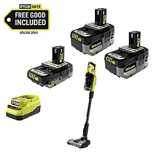 Ryobi ONE+ 18V HIGH PERFORMANCE Kit w/ (2) 4.0 Ah Batteries, 2.0 Ah Battery, Charger, & FREE ONE+ Cordless Stick Vacuum $179