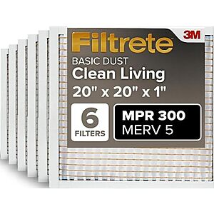 [SnS] $26.56 | Filtrete 20x20x1 Air Filter MERV 5, 6-Pack AC Furnace HVAC, MPR 300 Basic Dust Defense at Amazon
