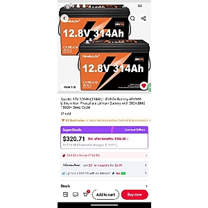 $306 2packs 12V 300Ah (314Ah) LiFePO4 Batter
2pO4 Battery 4019Wh Lithium Iron Phosphate Lithium Battery with 200A BMS 15000+ Deep Cycle
https://a.aliexpress.com/_mqAzEF1
