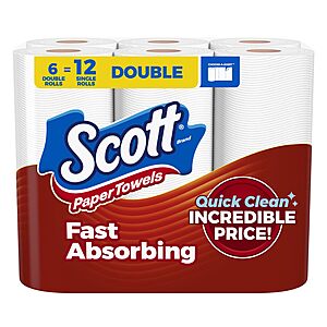 Scott Paper Towels, Choose-A-Sheet, 6 Double Rolls = 12 Regular Rolls (108 Sheets Per Roll)~$6.50 With S&S @ Amazon