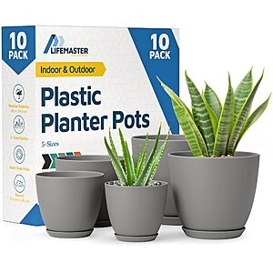 Lifemaster Plastic Planter Pots with Drainage Holes: 10-Ct Gray $9.50; 20-Ct Aqua $11.30 + Free Shipping w/ Prime or on $35+