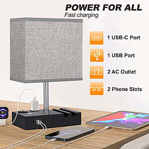 $25 FS WALMART+ by LEED: Table Lamp for Bedroom with Fast USB A&C Charging Ports, Bedside Lamps with 2 Phone Stands, 2 and 3-prong AC Charging Outlets,