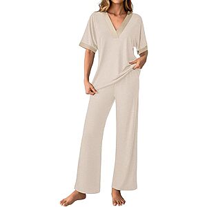 GKBK Women's 2-Piece 3/4 Sleeve V-Neck Pajama Lounge Set (White or Black) $9.99 + Free Shipping w/ Prime or on $35+