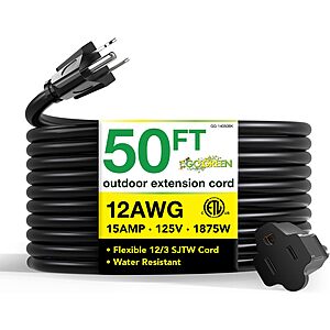$37.70: Go Green Power Inc. (GG-14050BK) 12/3 SJTW Outdoor Extension Cord, Black, 50 ft