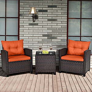 3-Piece Costway Outdoor Rattan Patio Furniture Set: 2 Chairs w/ Cushions + Coffee Table (Orange) $144.41 + Free Shipping