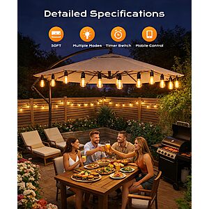 Ecoeve Outdoor String Lights, 50FT Patio Lights for Outside, Smart App & Remote Control with Timer, Dimmable with 4 Scene Modes, Warm White $17.99