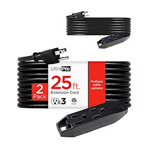 $23.10: 2 Pack UltraPro 25 Ft Indoor Extension Cords, 3-Outlet Power Strip Long Extension Cord, Grounded, 16 Gauge Black (50807)