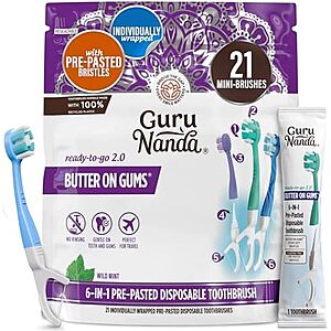 [SnS, AC] $5.25 | GuruNanda Mini Disposable Toothbrushes with Toothpaste, Tongue Scraper, Floss & Toothpick at Amazon