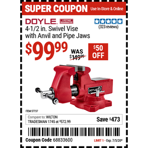 $50 off, Harbor Freight, DOYLE 4-1/2 in. Swivel Vise with Anvil and Pipe Jaws for $99.99