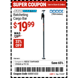 Harbor Freight, HAUL-MASTER Ratcheting Cargo Bar for $19.99, 33% off