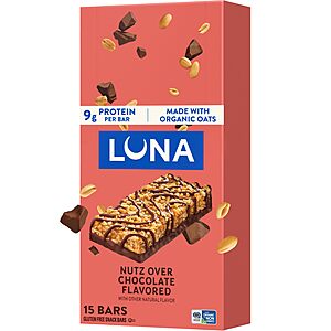 [S&S] LUNA Bar - Nutz Over Chocolate Flavor - Gluten-Free - Non-GMO - 7-9g Protein - Made with Organic Oats - Low Glycemic - Whole Nutrition Snack Bars - 1.69 oz. (15 Count) $10.99