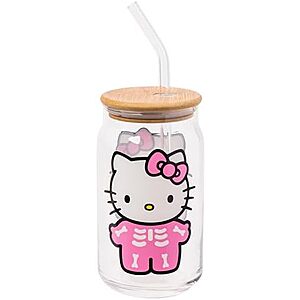 $5.90* | 16-Oz Silver Buffalo Sanrio Hello Kitty Halloween Spooky Skeleton Glass Jar Tumbler w/ Bamboo Lid & Glass Straw at Amazon