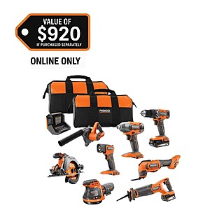 Ridgid 18V Cordless 8-Tool Combo Kit with 2.0 Ah Battery, 4.0 Ah Battery, and Charger $344