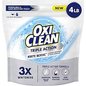 [SnS, AC] $10.39 | 4-Lbs OxiClean Triple Action White Revive Laundry Whitener and Stain Remover Powder at Amazon