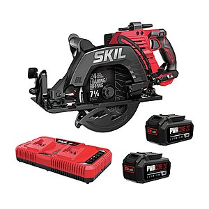 SKIL 2x20V PWR CORE 20 Brushless 7-1/4” Rear Handle Circular Saw Kit Includes Two 5.0Ah Batteries and Dual Port Auto PWR Jump Charger-CR5429B-20, Red $229