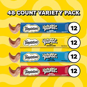 $14.31 S&S Clip Q: Temptations Creamy Puree Squeezable Lickable Cat Treats,  Beef, Salmon, Chicken, and Tuna OR Seafood Variety Pack, 0.42 oz. Tubes, 48 Count