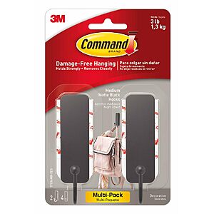 $6.69: Command Medium Matte Black Wall Hook, 2 Coat Hooks and 4 Strips, Holds up to 3 lb at Amazon