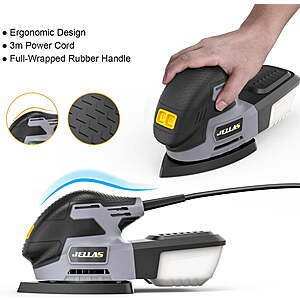 $40 FS Walmart by JELLAS Electric Detail Sander, 220W Compact  Machine for Wood, 13,000 RPM Sanders with Dust Collection, 16PCS Sandpapers, Finger Sanding Attachment & Sanding Pad