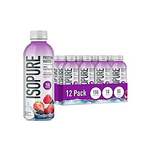 Isopure Clear Protein Water with Electrolytes, 15g Whey Protein Isolate, Zero Sugar, Mixed Berry, 20 fl oz Bottles, 12-Pack $17.41
