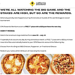 California Pizza Kitchen (Rewards members) free 7 inch pizza with $20+ purchase today $19.49