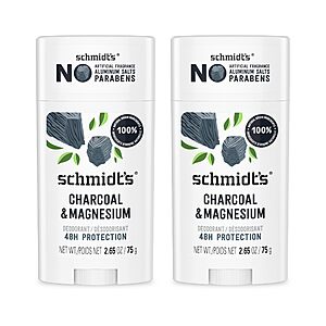 [S&S, AC] $8.65: 2-Pack Schmidt's Aluminum-Free Vegan Deodorant Charcoal & Magnesium, 2.65 oz