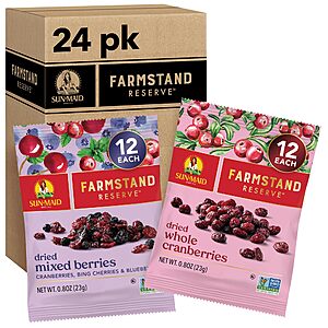 Sun-Maid Farmstand Reserve 24 Count Variety Pack - 0.8 oz Snack Bag – (12) Whole Dried Cranberries and (12) Dried Mixed Berries~$10.35 After Coupon & S&S @ Amazon
