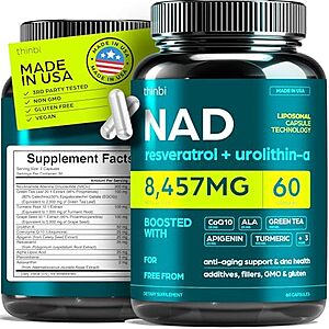 [SnS, AC] $13.98* | thinbi 60-Count 8457-Mg NAD+ Complex Urolithin A Resveratrol Supplement at Amazon