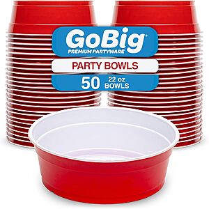 GoBig Plastic Reusable Red Party Cup Bowls 50-Count 22-Oz or 30-Count 60-Oz  $15.38 + Free Shipping w/ Prime or on $35+
