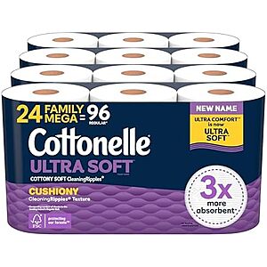 [SnS, AC] $60.08 | 3 × 24-Pack 353-Sheets Cottonelle Toilet Paper Family Mega Rolls (Ultra Soft) ($20.03 each) at Amazon