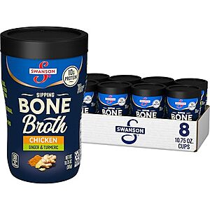 [SnS, AC] $12.47* | 2 × 8-Pack 10.75-Oz Swanson Sipping Bone Broth (Chicken with Ginger & Turmeric) ($6.24 each) at Amazon