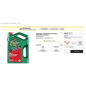 Quaker State High Mileage Conventional 5W-20 Motor Oil 5 Quart, $4 Some Stores