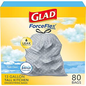 80-Count Glad ForceFlex Tall Kitchen Drawstring Trash Bags (Febreze) $12.39 w/ S&S + Free Shipping w/ Prime or on orders over $35