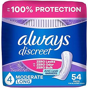 [SnS, AC] $7.50 | 54ct Always Discreet Adult Incontinence Pads for Women, Drier, 4 Drop Long Length at Amazon