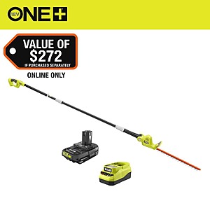 RYOBI ONE+ 18V 18 in. Cordless Battery Pole Hedge Trimmer with 2.0 Ah Battery and Charger, $119, FS, Home Depot