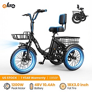 Qlife Triker 2.0 Folding Electric Trike 1200W Peak 48V 10.4Ah 18in x 3in Fat Tire 18mph $476 + Free Shipping $475.9