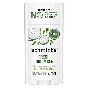 2.65-Oz Schmidt's Aluminum-Free Natural Deodorant Stick (Fresh Cucumber) $3.15 w/ S&S + Free Shipping w/ Prime or on $35+