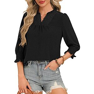 Funlingo Women's 3/4 Sleeve V-Neck Blouse w/ Lace Crochet & Smocked Cuffs (Various) $7.99 + Free Shipping w/ Prime or on $35+