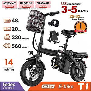 TERROSOR T1 14" 560W Folding Electric Bike 48V 20MPH 25-32 miles Range $195.3 + Free Shipping