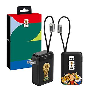 2026 FIFA Licensed Power Bank with Built-in Cable and Foldable Wall Plug, 22.5W 10000mAh Portable Charger, 3-in-1 Power Bank $27.36
