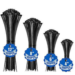 YUZE-WZDQ Zip Ties Black 400 Pack Assorted Sizes 4+6+8+12 Inch, Small Zip Ties, UV Resistant Self-Locking Nylon Wire Ties $2.99