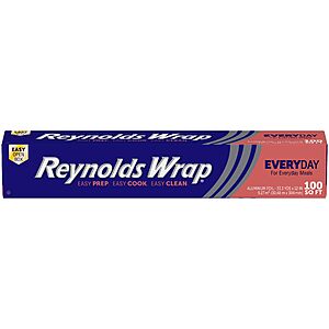 [S&S, AC] $4.69: Reynolds Wrap Everyday Strength Aluminum Foil Roll, 12 Inches Wide, 100 Total Sq. Ft.