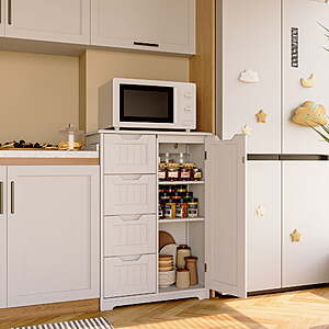 $70 Shipped Walmart by LOFKA Pantry Storage     33" White Wood Kitchen Pantry Storage Cabinet with 4 Drawers, 1 Door and 3 Shelves